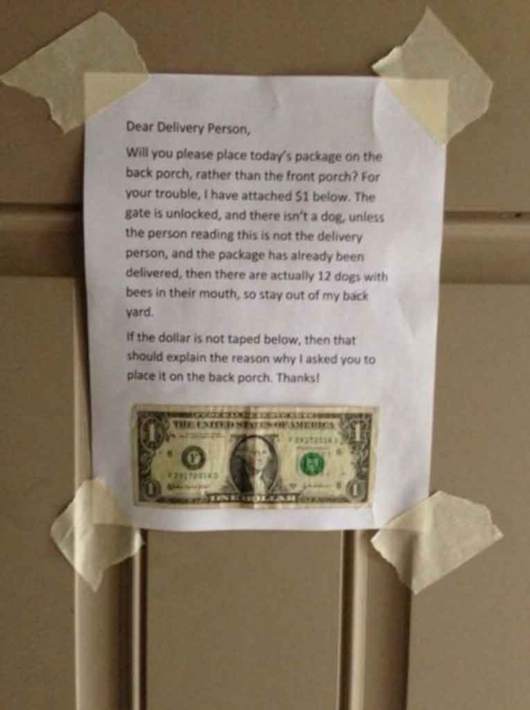 dear delivery person note