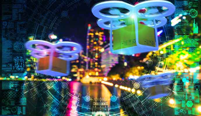 Delivery drone fly defocused singapore skyline Logistics