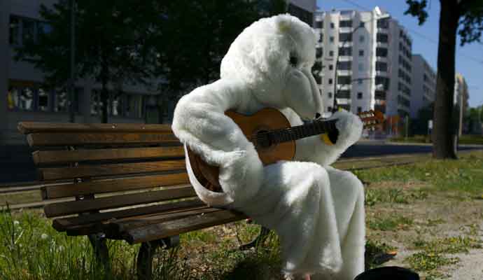 cuddly polar bear playing guitar on bench