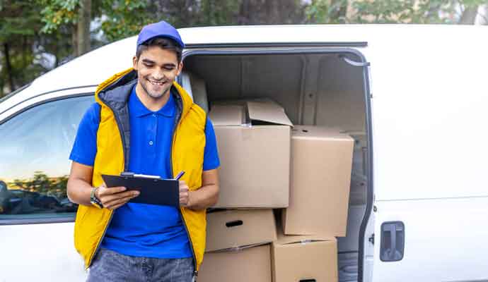 smiling delivery man with clipboard