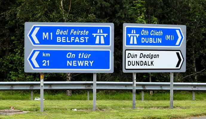 Belfast, Newry, Dublin and Dundalk directional road signs