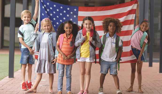 school students with us flag